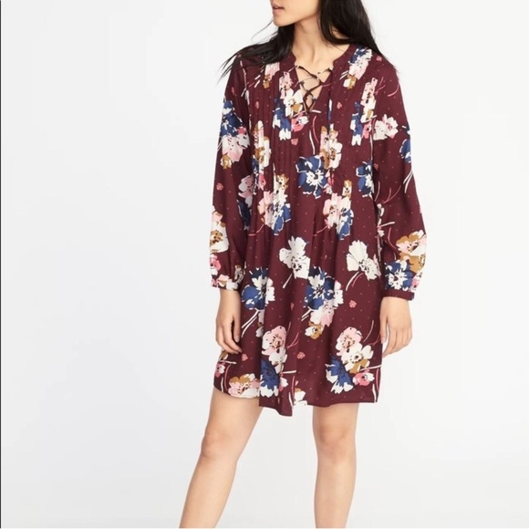 Old Navy Dresses & Skirts - Old Navy Floral Boho Dress Large Burgundy Lace Up Long Sleeve Peasant Mini Dress